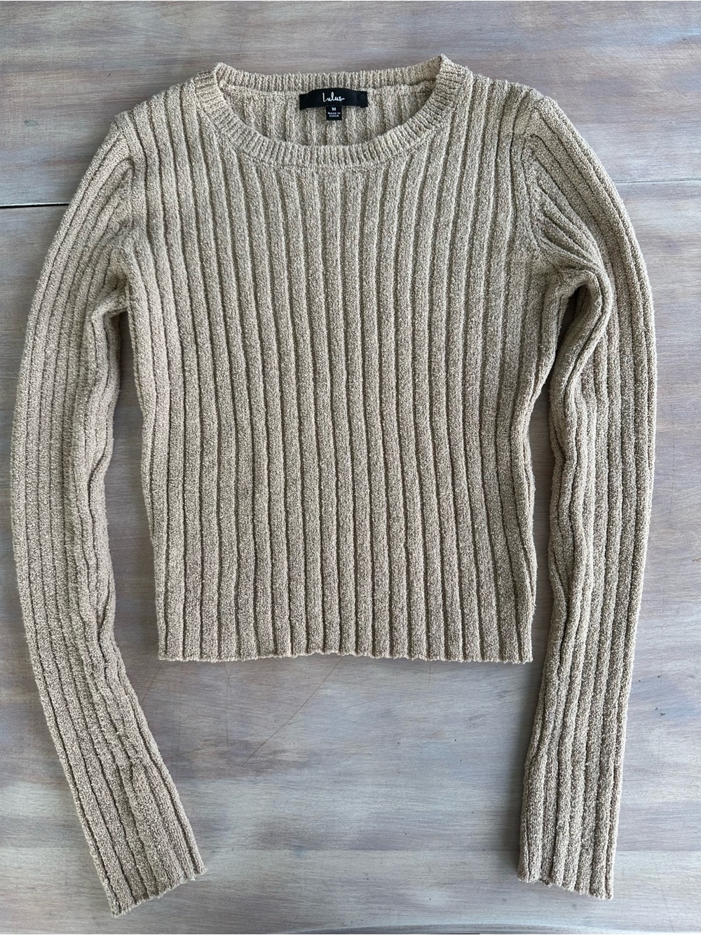 Lulu's Beige Ribbed Cropped Crewneck Sweater M